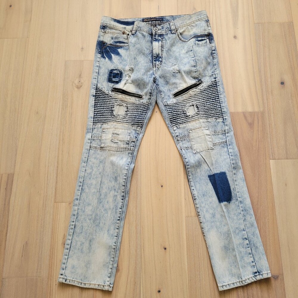 Bleecker & Mercer Jeans Men 38x34 Whiskered Moto Distressed